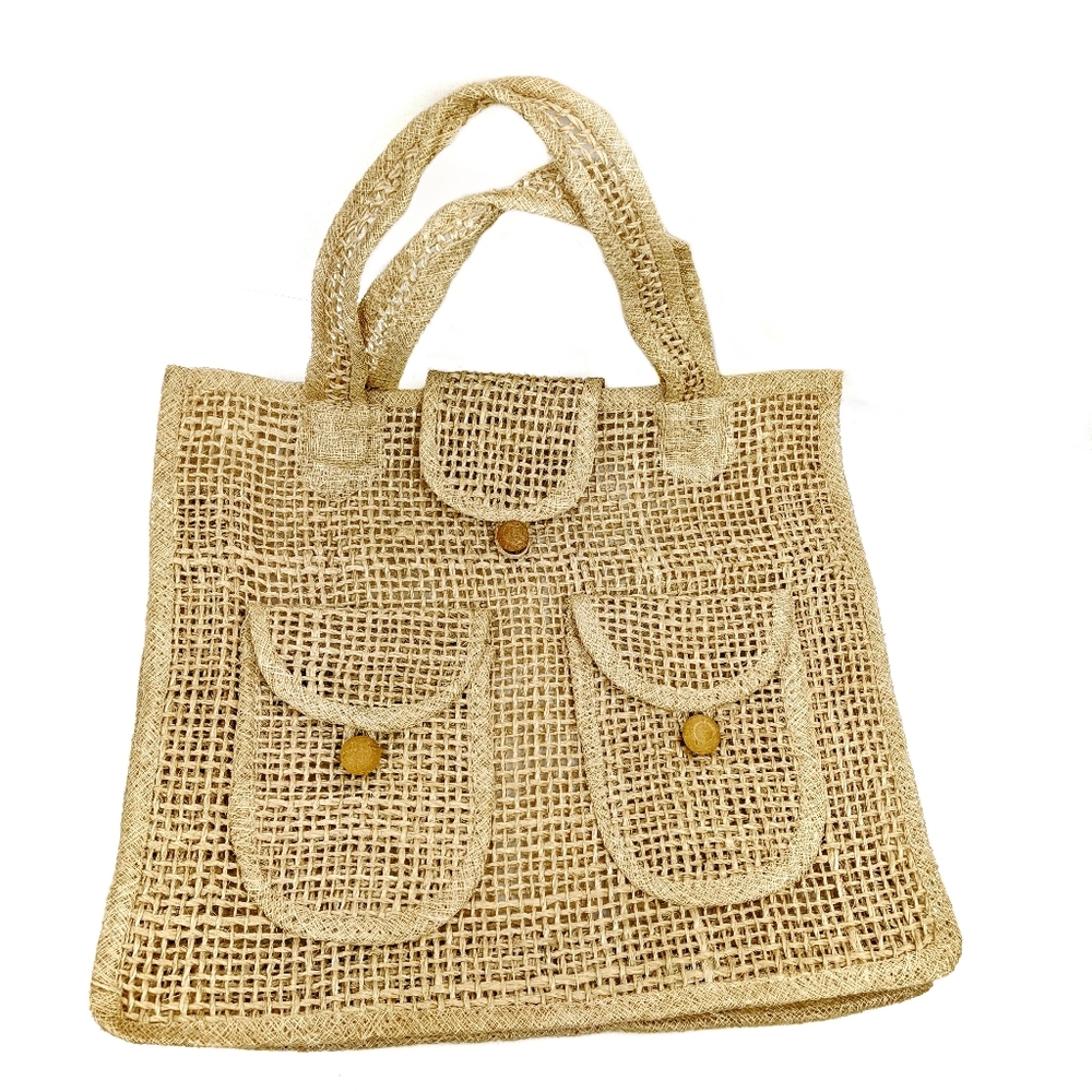 Woven Straw Tote with Wooden Button Closure